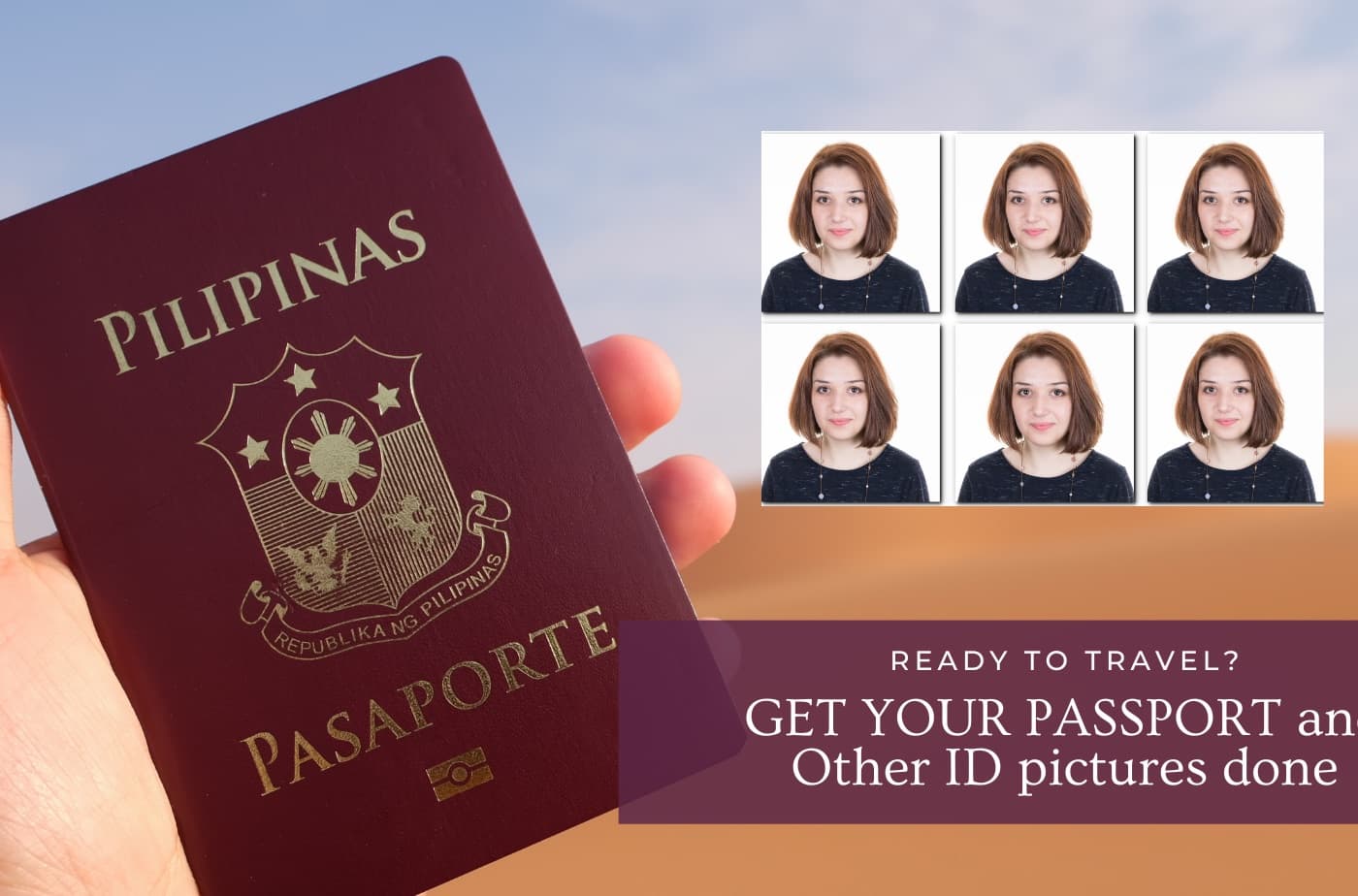 A Philippine passport beside a sheet of ID pictures
