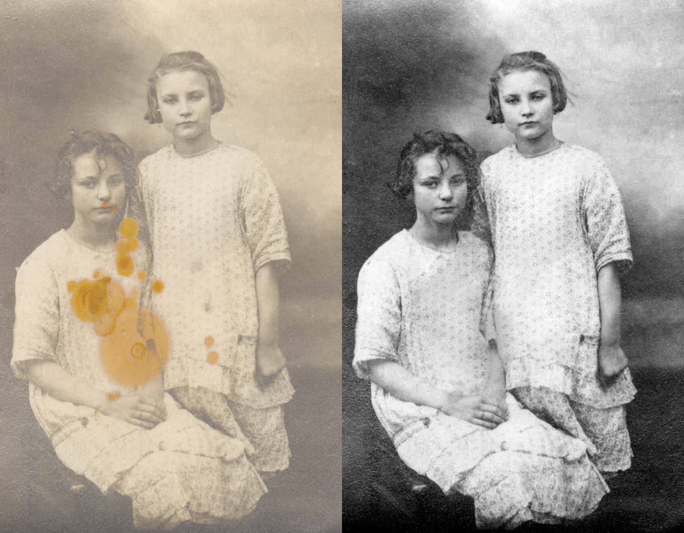 An old portrait of two girls before and after restoration — stains removed and contrast restored